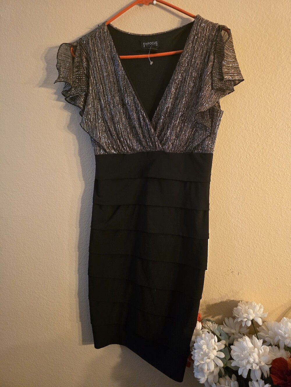 Enfocus Studio Black Dress with Silver Metallic Bodice and Ruffle Sleeves